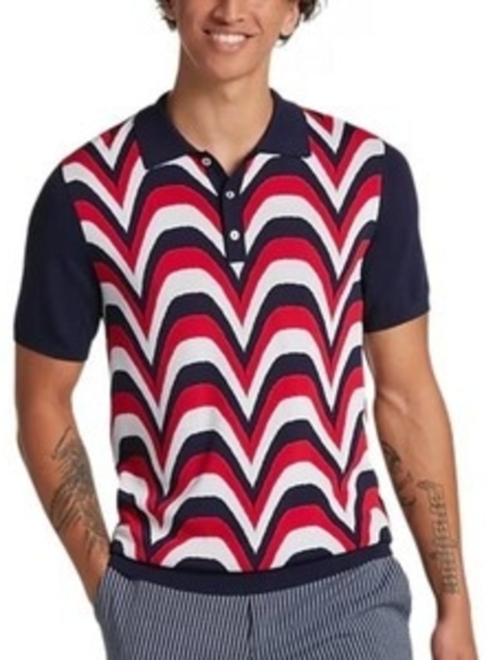 Retro Wave Pattern Polo in Red, Navy & White Knit